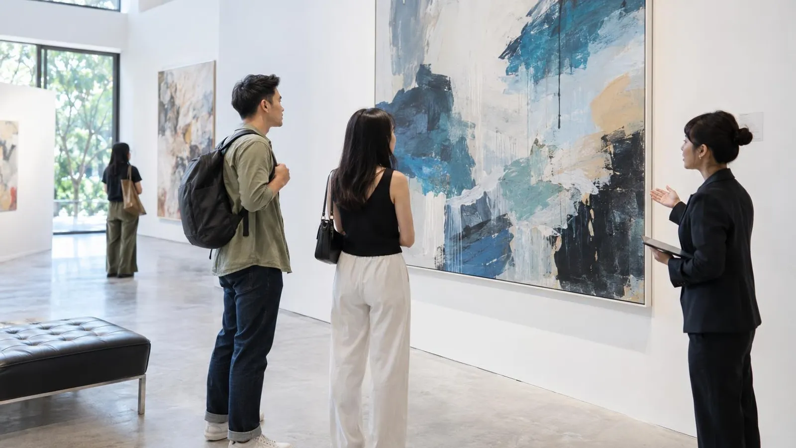 Visitors in front of a large abstract painting in a bright white-walled art gallery