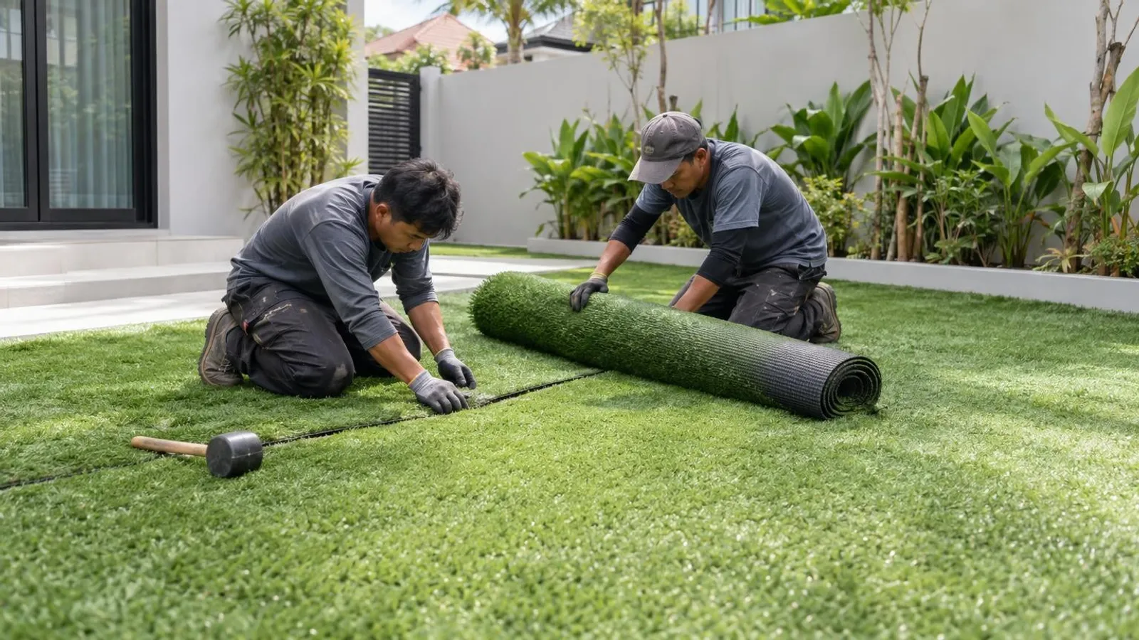 Installers laying artificial grass turf in a Singapore landed-home yard