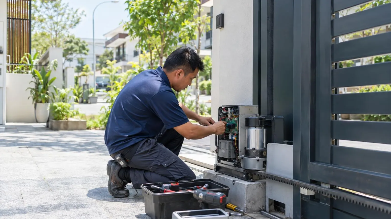 A technician servicing the motor of an automatic sliding gate at the entrance of a bright landed home