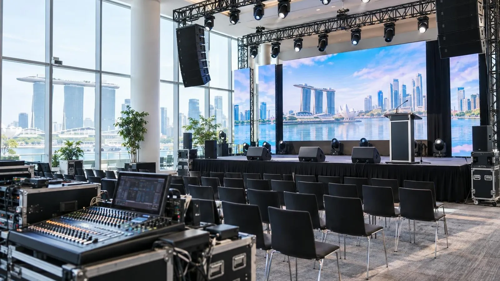 Professional stage speakers, lighting rigs, a mixing console and LED panels set up in a bright modern Singapore event hall