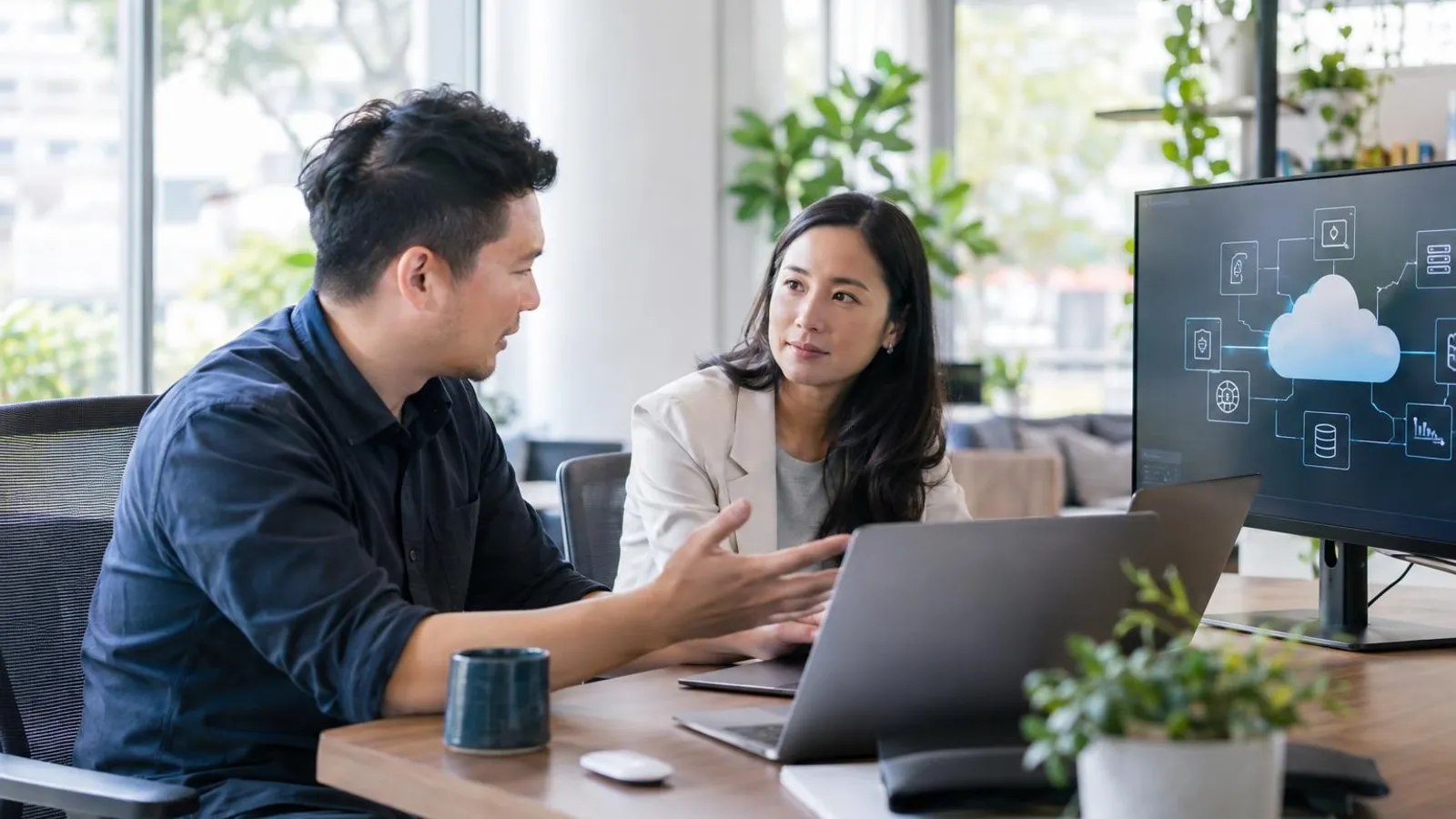 AWS Cloud Partners: a customer and a provider in a bright, modern setting