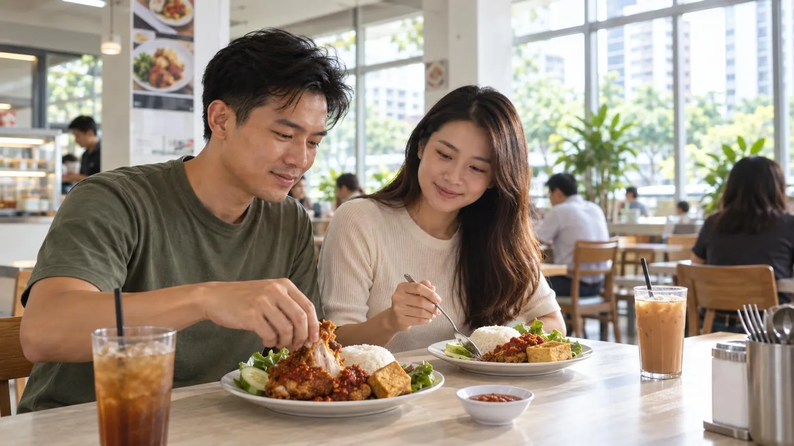 A plate of ayam penyet — smashed fried chicken with sambal, rice and tofu — at a casual Singapore eatery