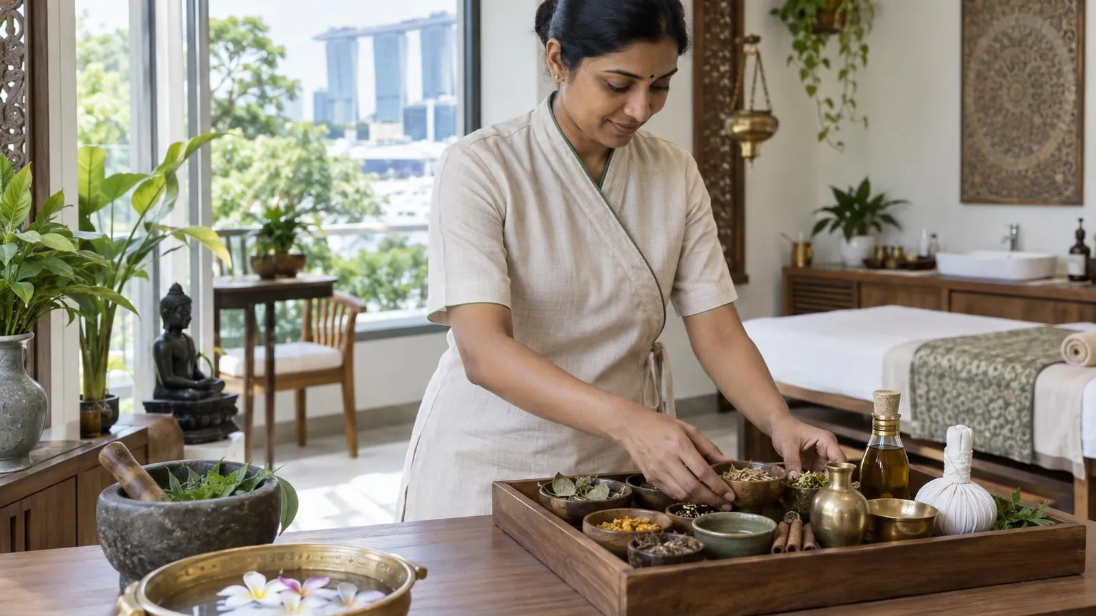 An ayurvedic therapist arranging bowls of herbs, oils and spices on a tray at a bright calm Singapore ayurvedic wellness centre