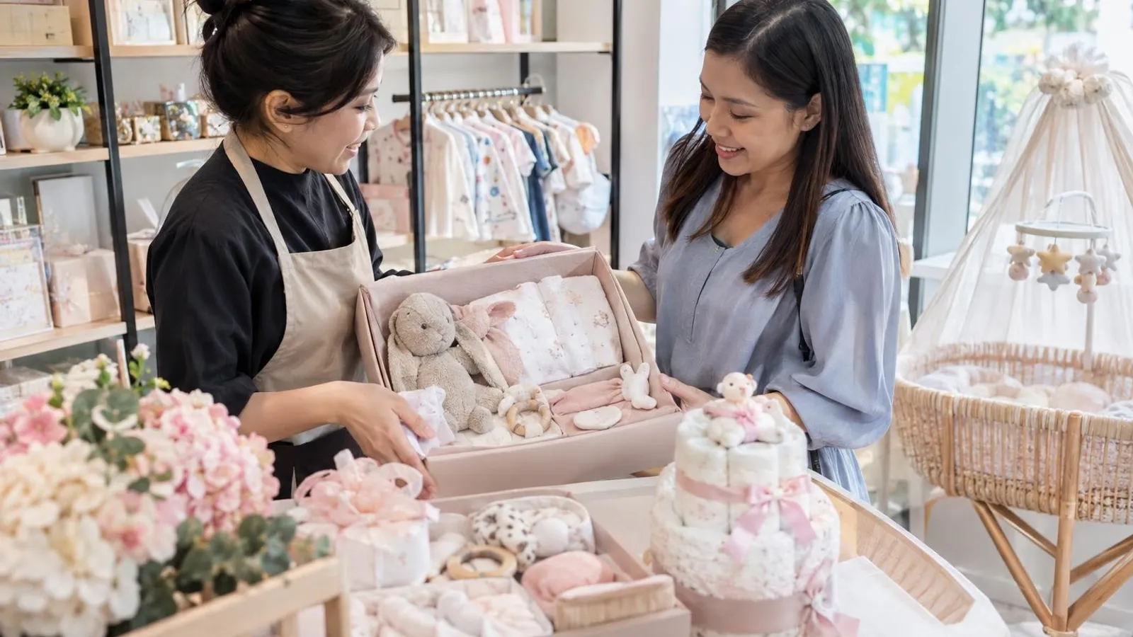 Baby Full Month Gift Sets and Celebration Packages: a customer and a provider in a bright, modern setting