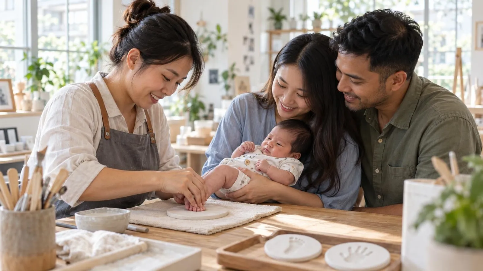Baby Keepsake Makers: a customer and a provider in a bright, modern setting