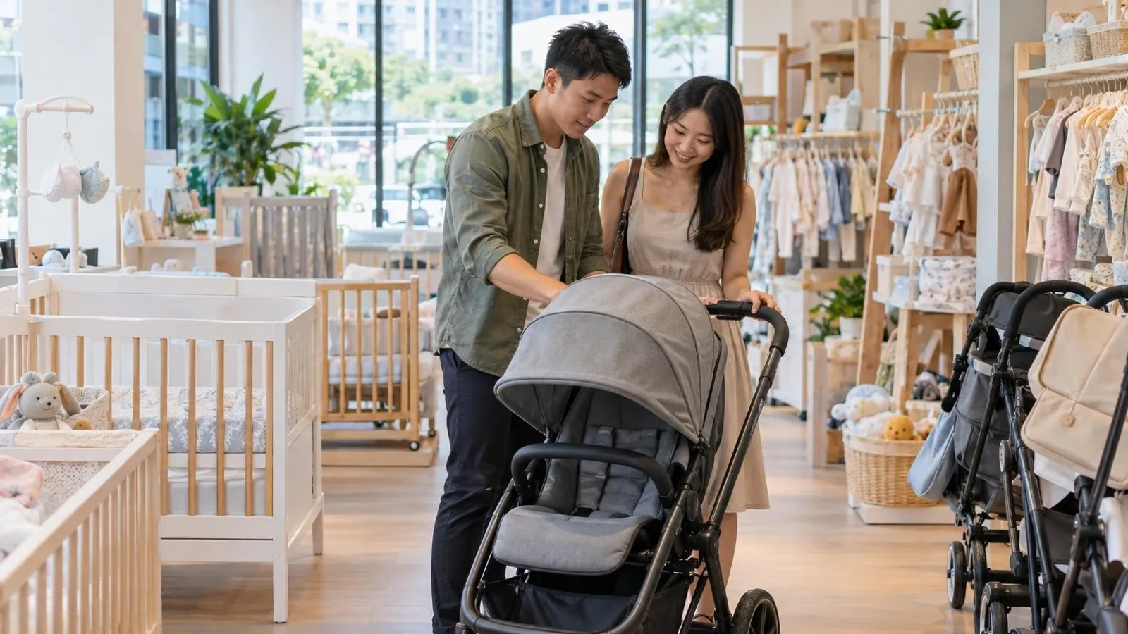 A couple looking at a stroller in a bright Singapore baby products store with cots and baby clothes