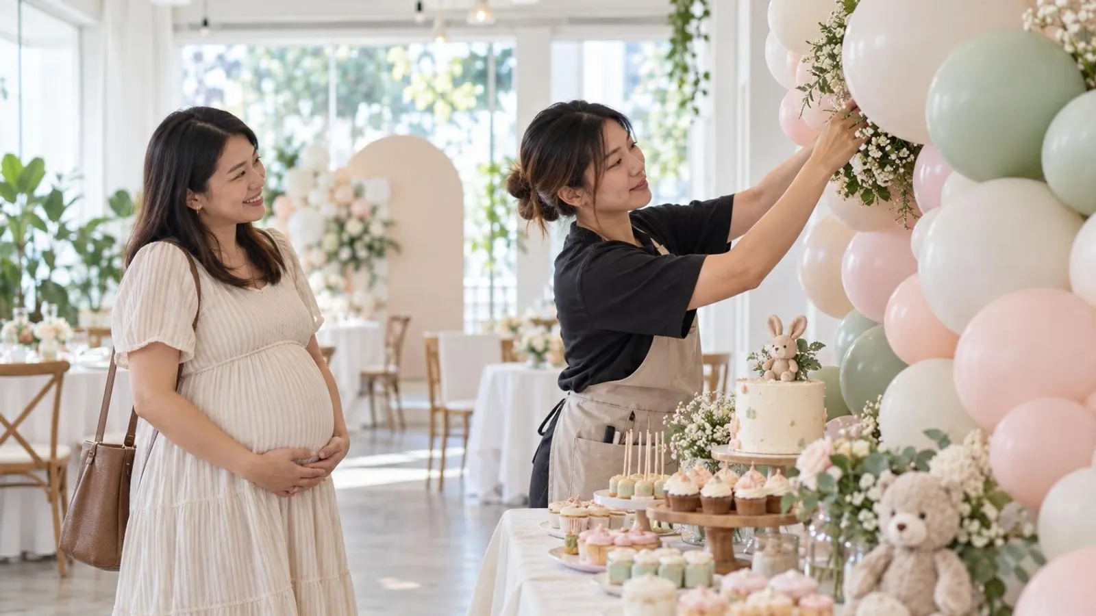 Baby Shower and Full Month Party Planners: a customer and a provider in a bright, modern setting