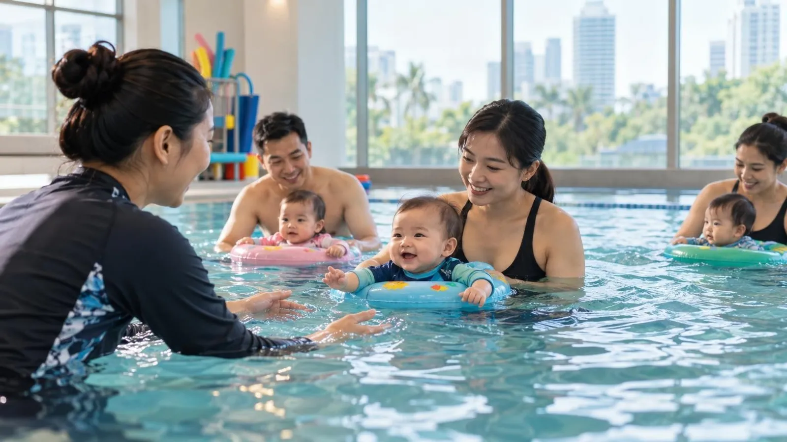 An instructor and parents guiding babies in floats during a baby swimming class in Singapore