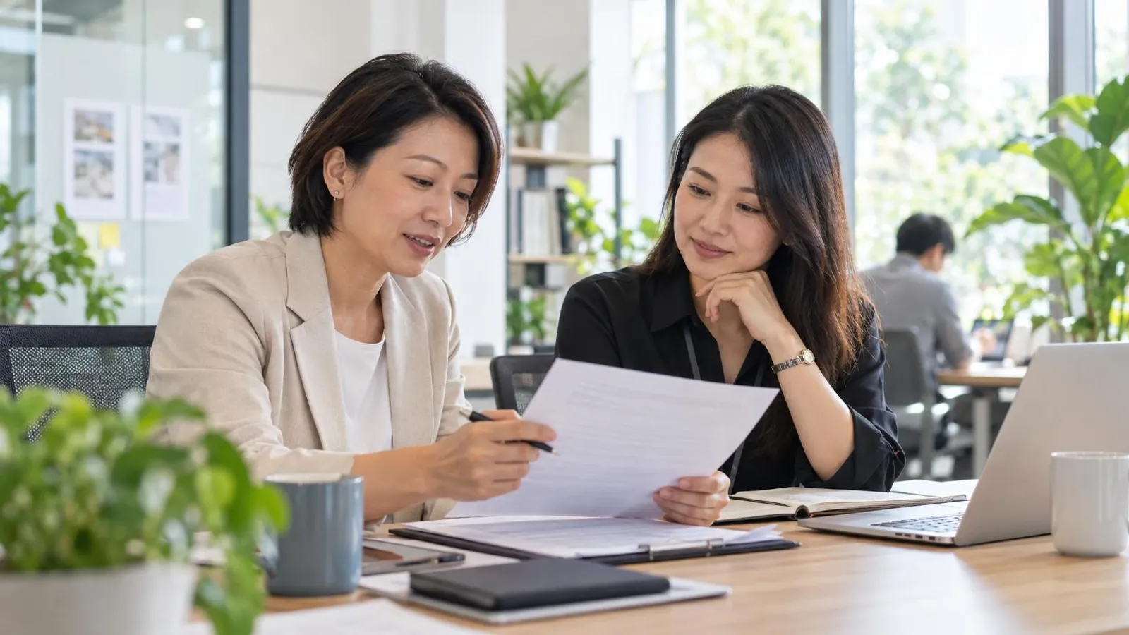 Background Screening Companies: a customer and a provider in a bright, modern setting