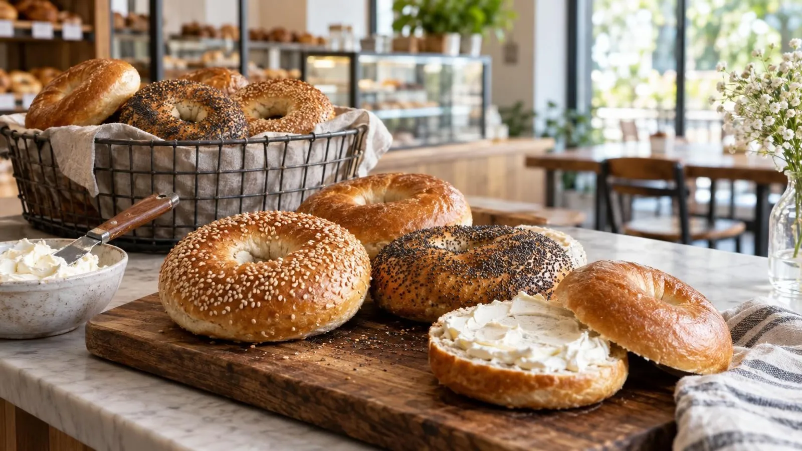 Freshly baked bagels with cream cheese on a wooden board in a bright airy artisan bakery cafe