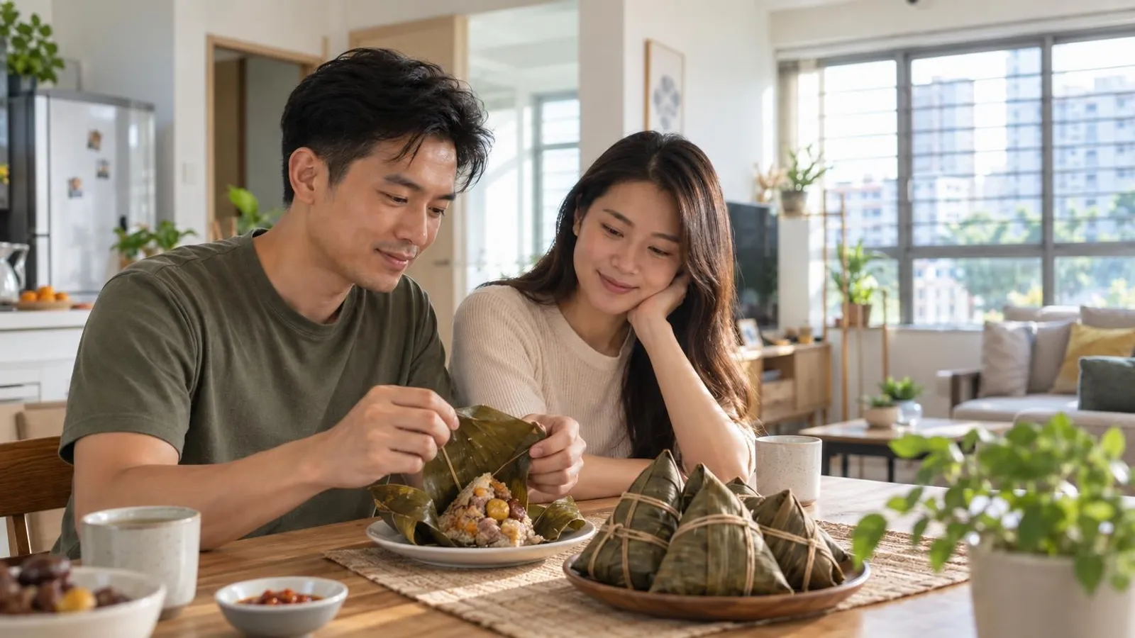 Traditional bak chang rice dumplings wrapped in bamboo leaves, one unwrapped to show glutinous rice with pork, on a plate in a Singapore kitchen