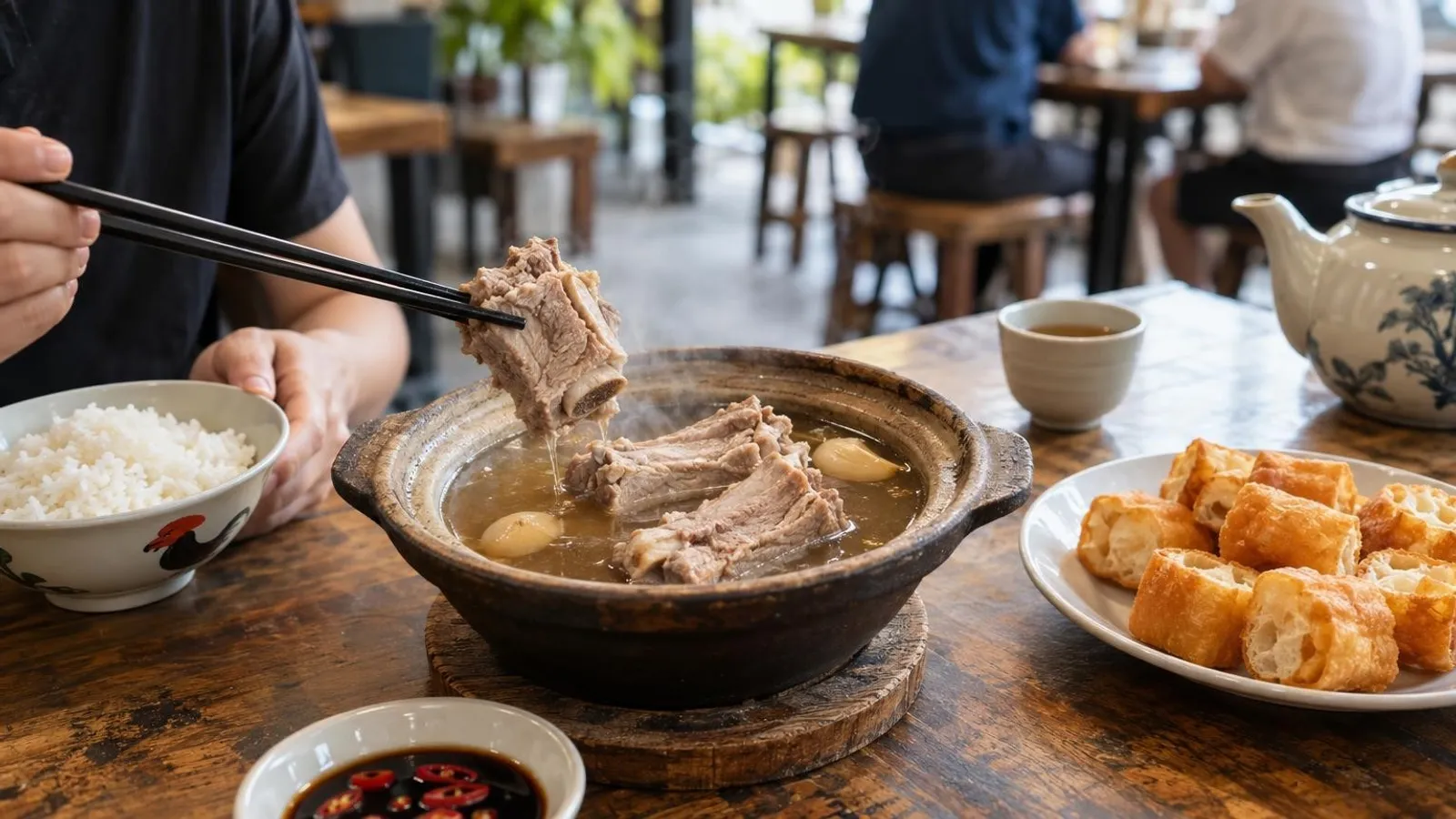 A steaming claypot of peppery bak kut teh with rice and dough fritters in Singapore