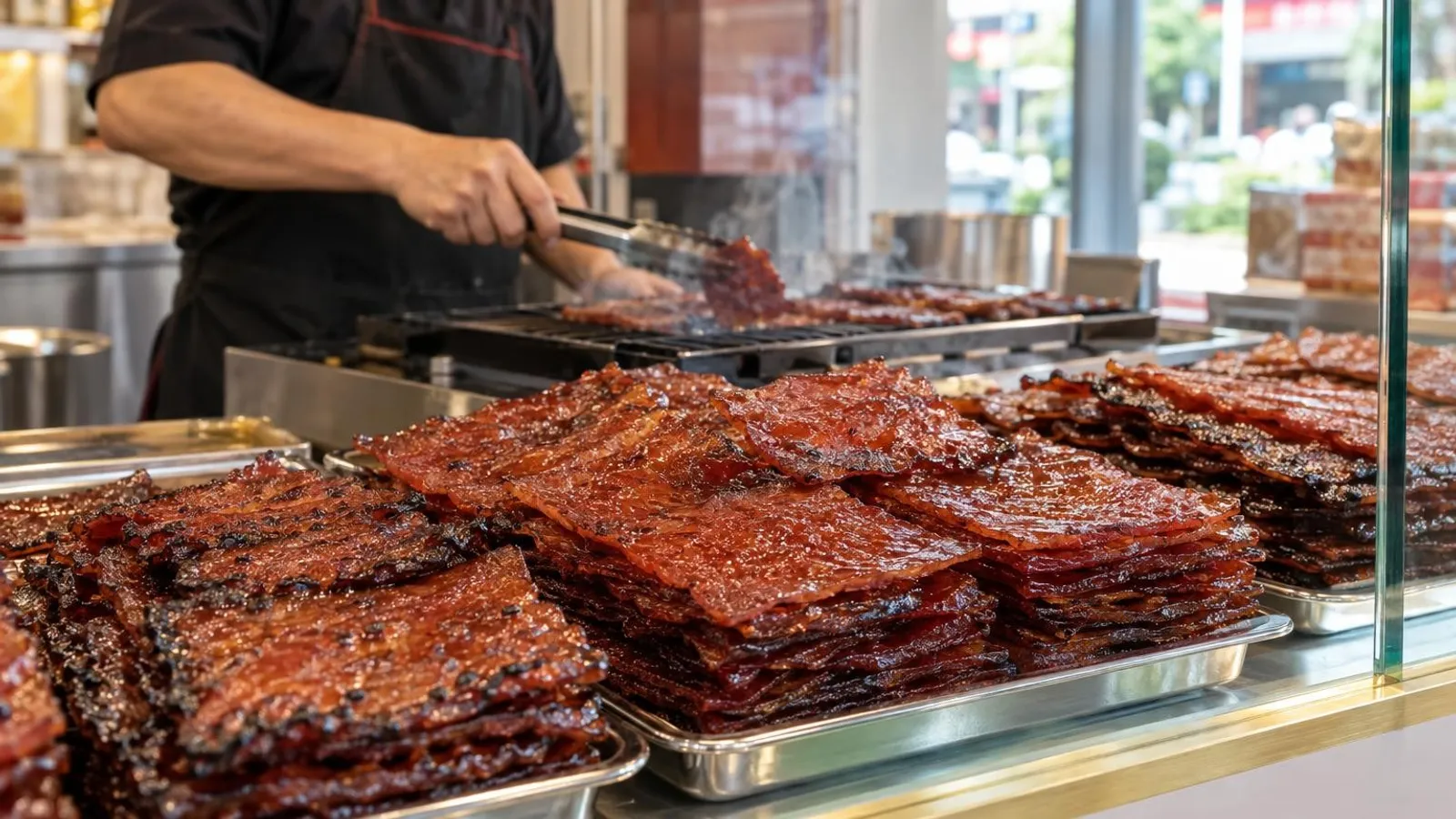 Glossy caramelised slabs of grilled Singapore bak kwa stacked at a shop counter