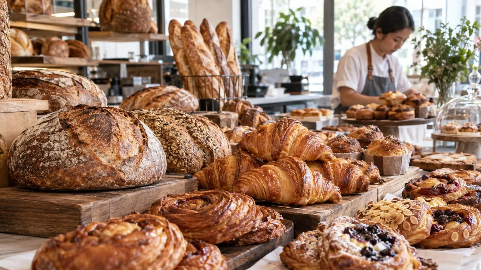 An artisan bakery counter of fresh breads and pastries in Singapore