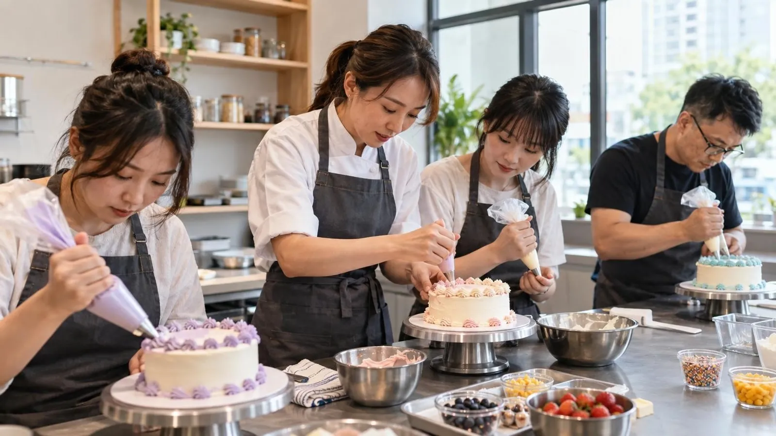 A baking instructor teaching participants to pipe and decorate cakes at a Singapore baking class
