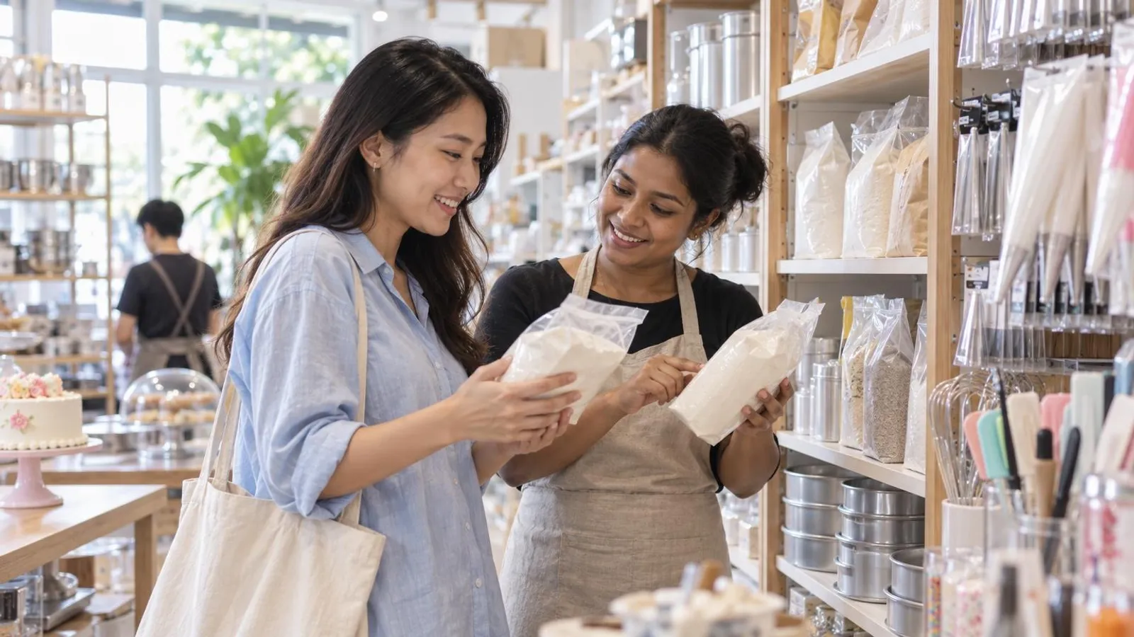 Baking Supplies Shops: a customer and a provider in a bright, modern setting