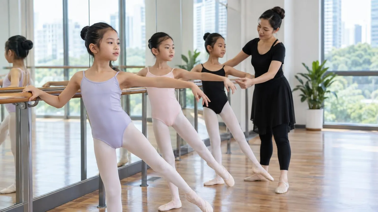 Young ballet students practising at the barre with a teacher in a bright Singapore ballet studio