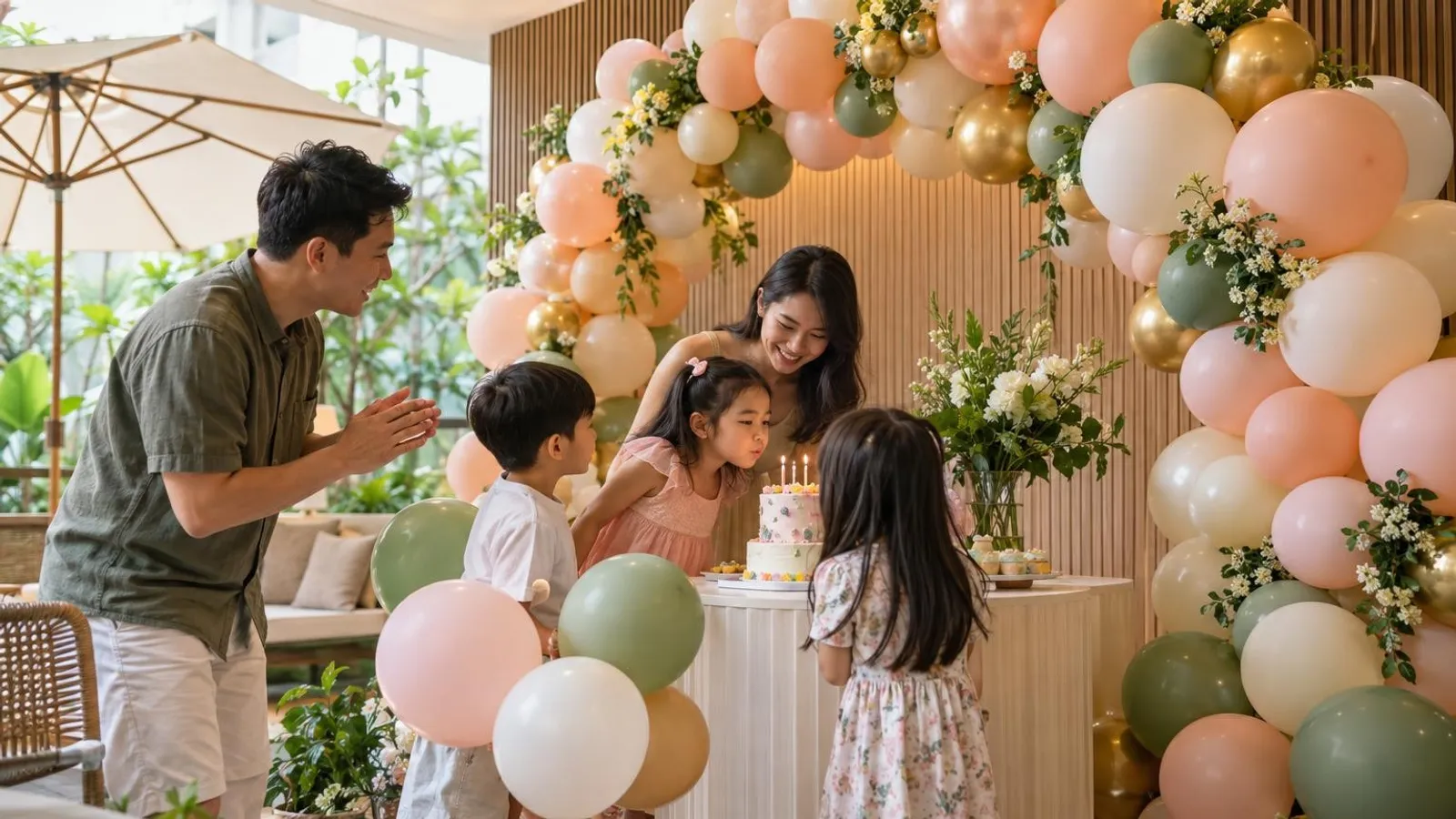 An organic pastel balloon garland arch backdrop at a Singapore birthday celebration