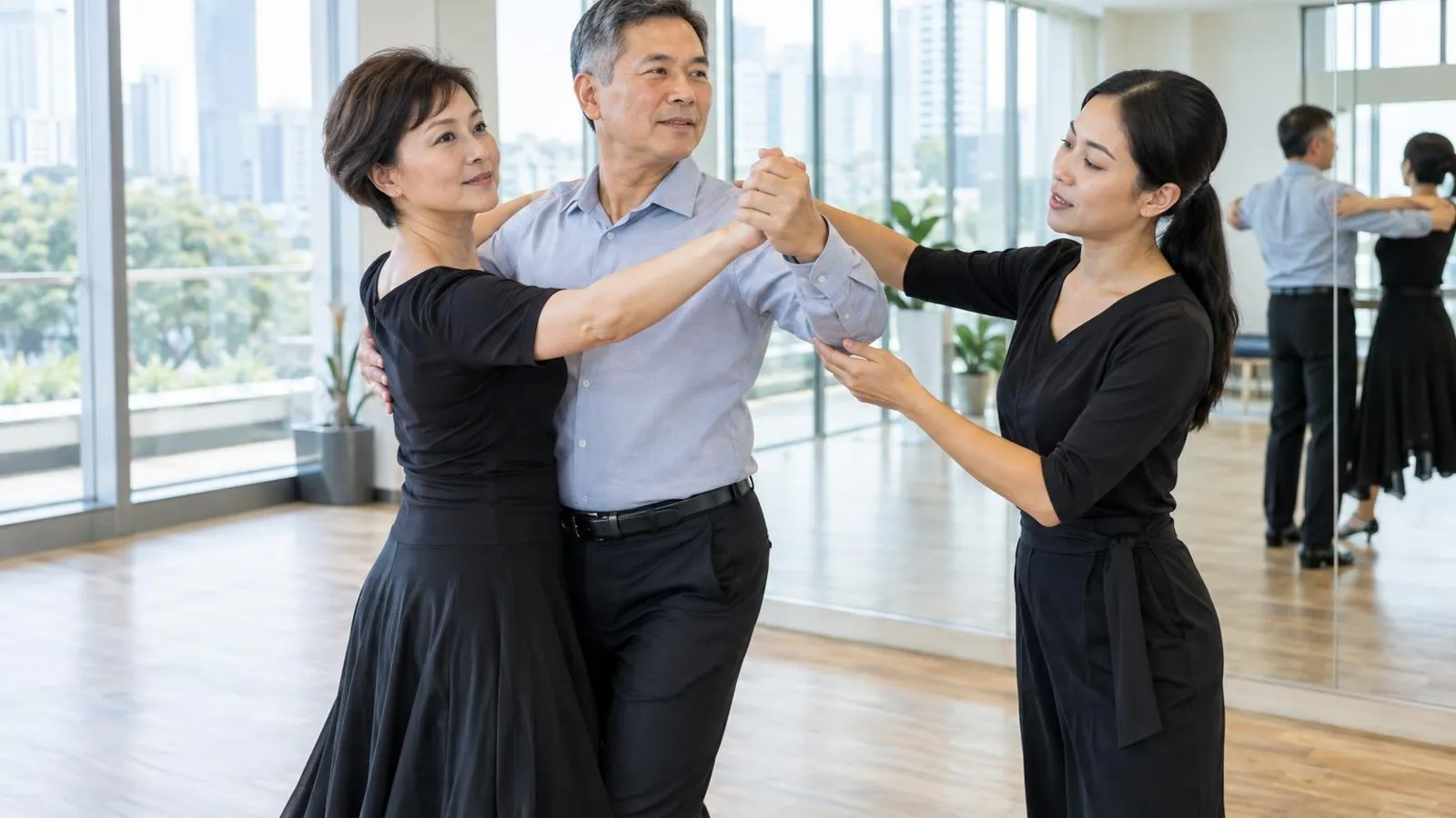 A couple practising a ballroom hold with an instructor in a bright mirrored studio