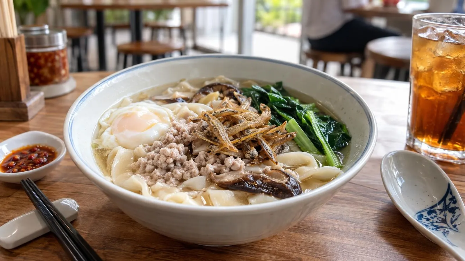 A bowl of ban mian handmade noodles in anchovy soup with minced pork and egg in Singapore