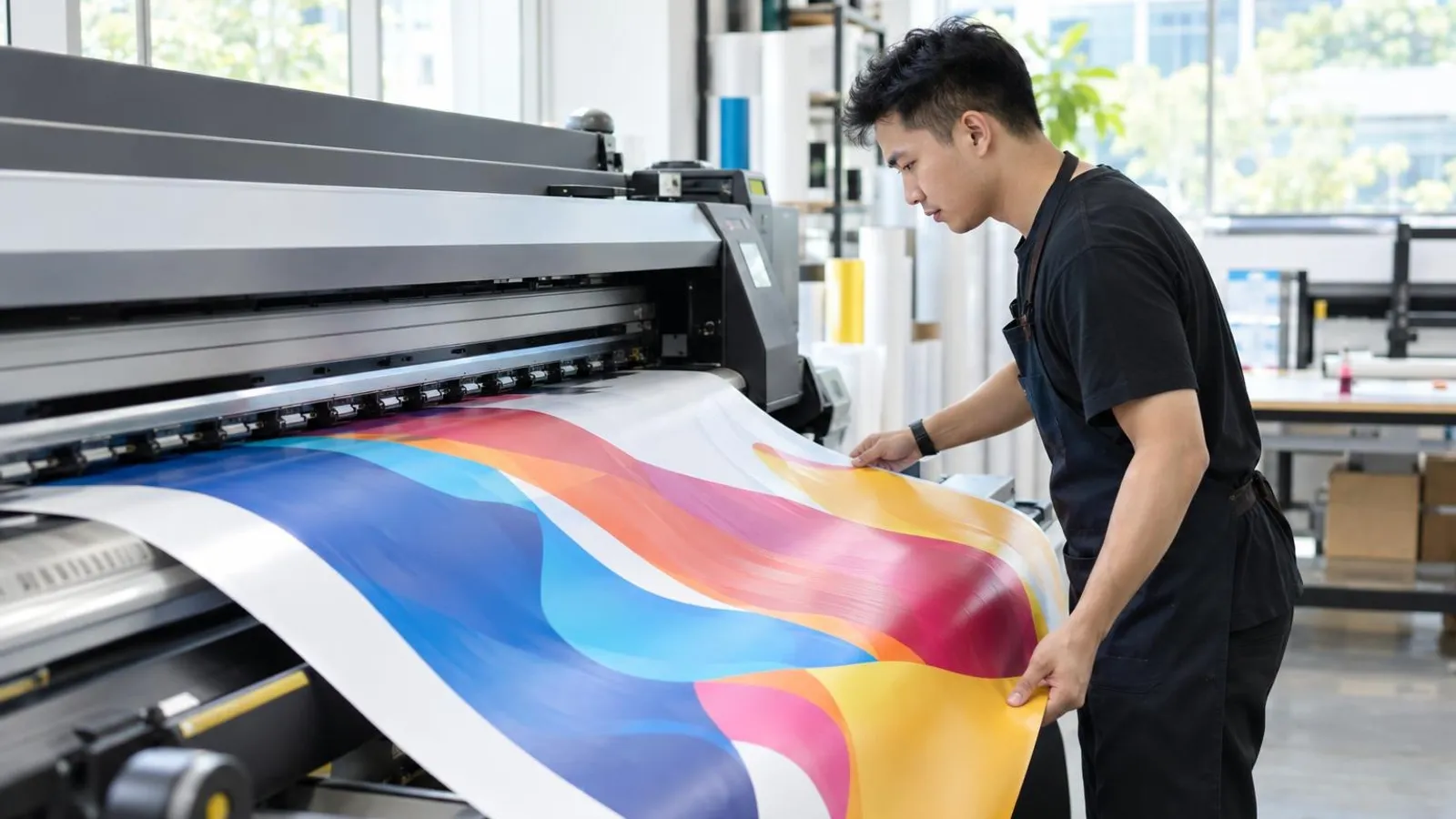 A technician feeding a large roll of printed banner material out of a wide-format printer in a bright print shop