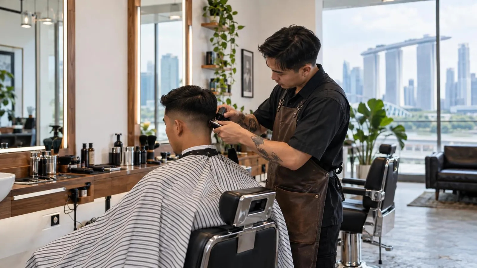 A barber giving a male client a fade haircut with clippers in a bright modern Singapore barbershop