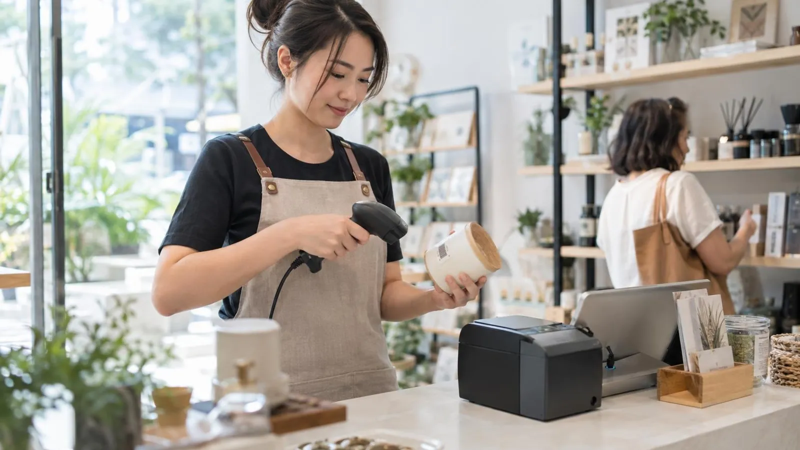 A shop staff member scanning a labelled product with a handheld barcode scanner beside a small label printer at a bright counter