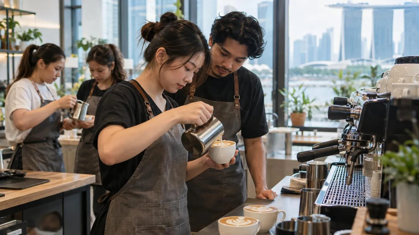 A learner pulling espresso and steaming milk at a professional machine in a bright Singapore barista course