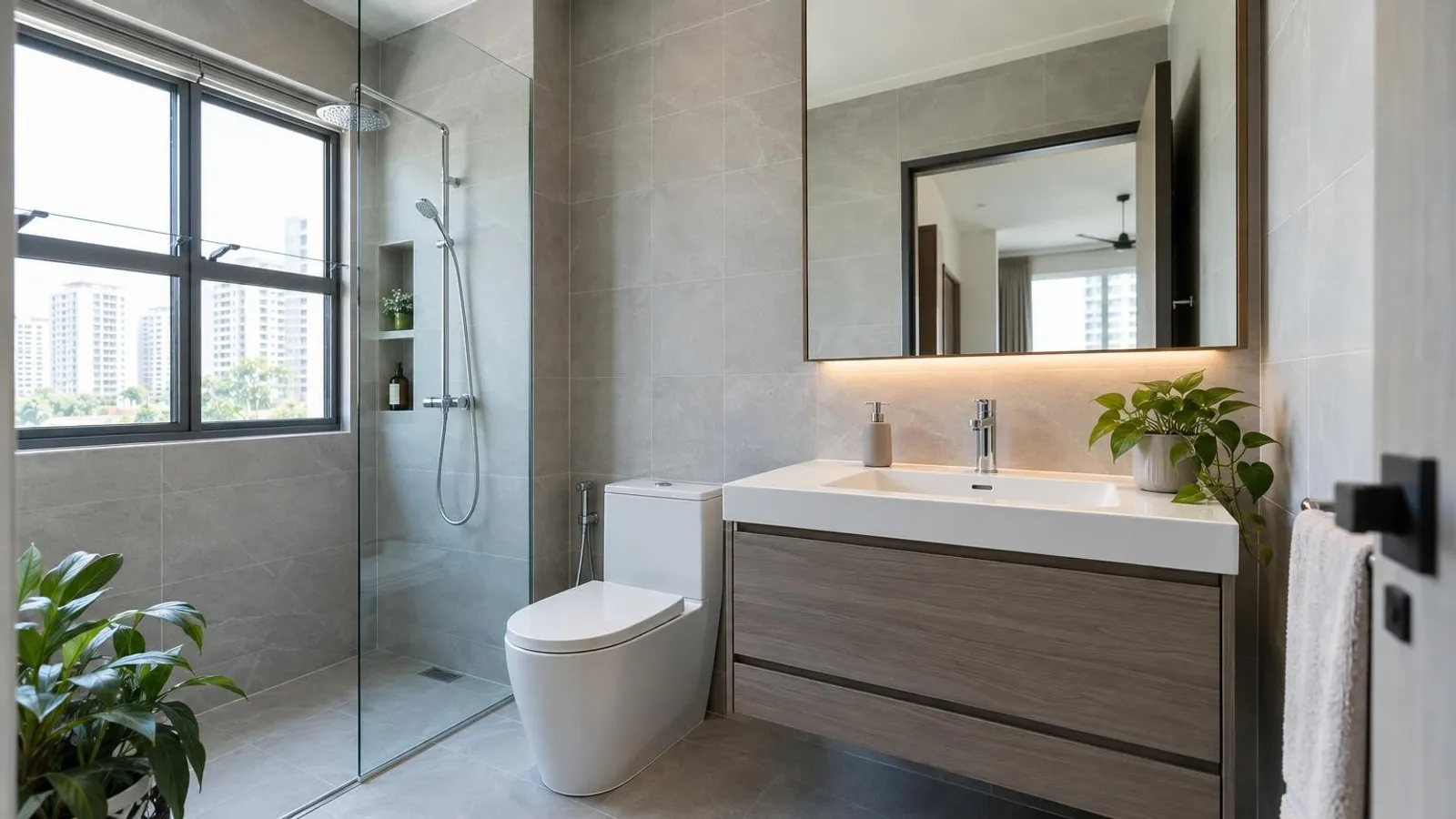 A bright, newly renovated modern HDB bathroom with large tiles and a glass shower screen
