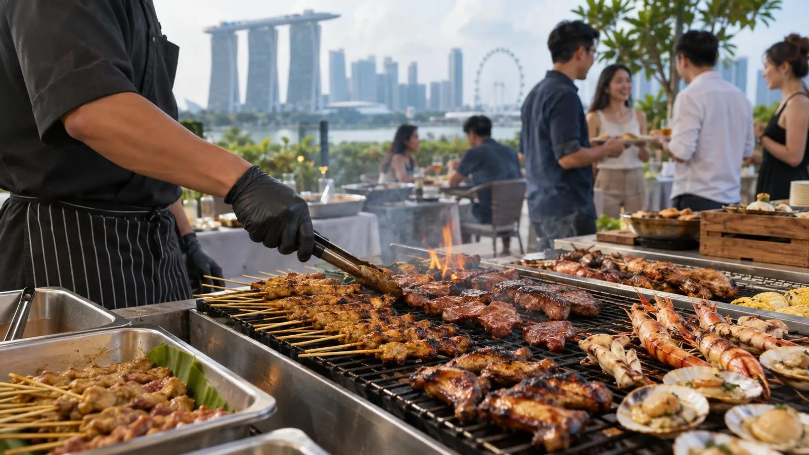 A chef grilling satay, prawns and meats at an outdoor BBQ catering party in Singapore