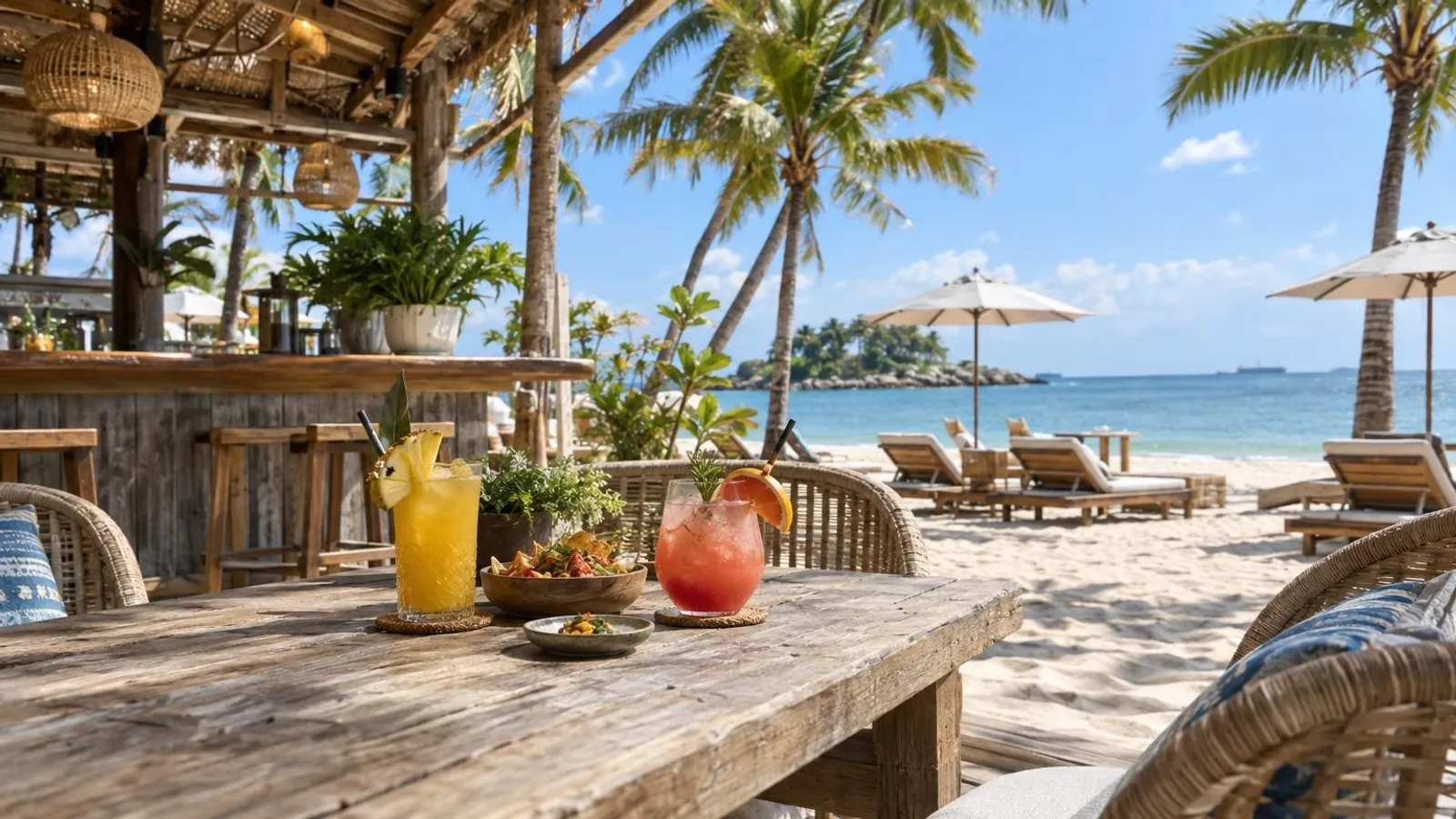 A bright beachfront bar with tropical cocktails on a weathered wooden table, rattan seating on the sand, palm trees and the sea behind
