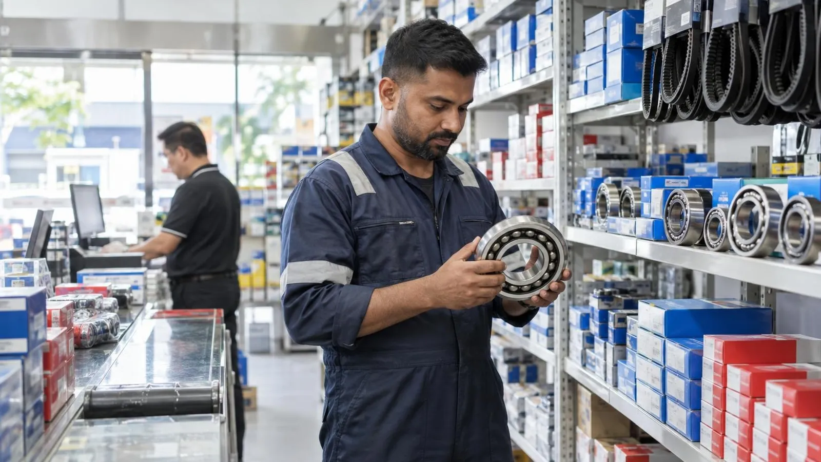 A technician holding an industrial bearing beside shelves of boxed parts