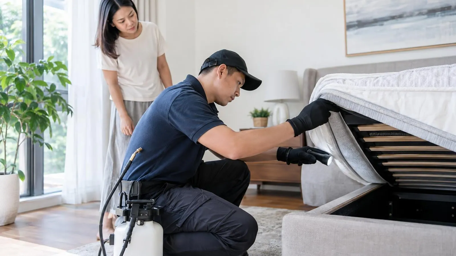 Bed Bug Control Services: a customer and a provider in a bright, modern setting