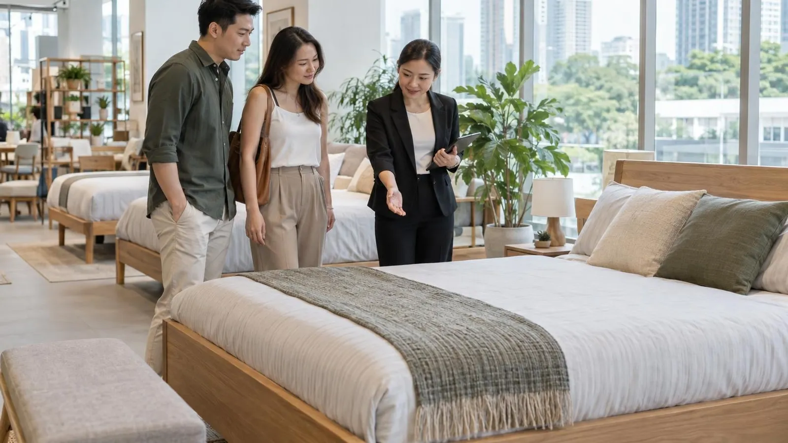 A couple looking at a wooden bed frame display with a salesperson in a bright furniture showroom
