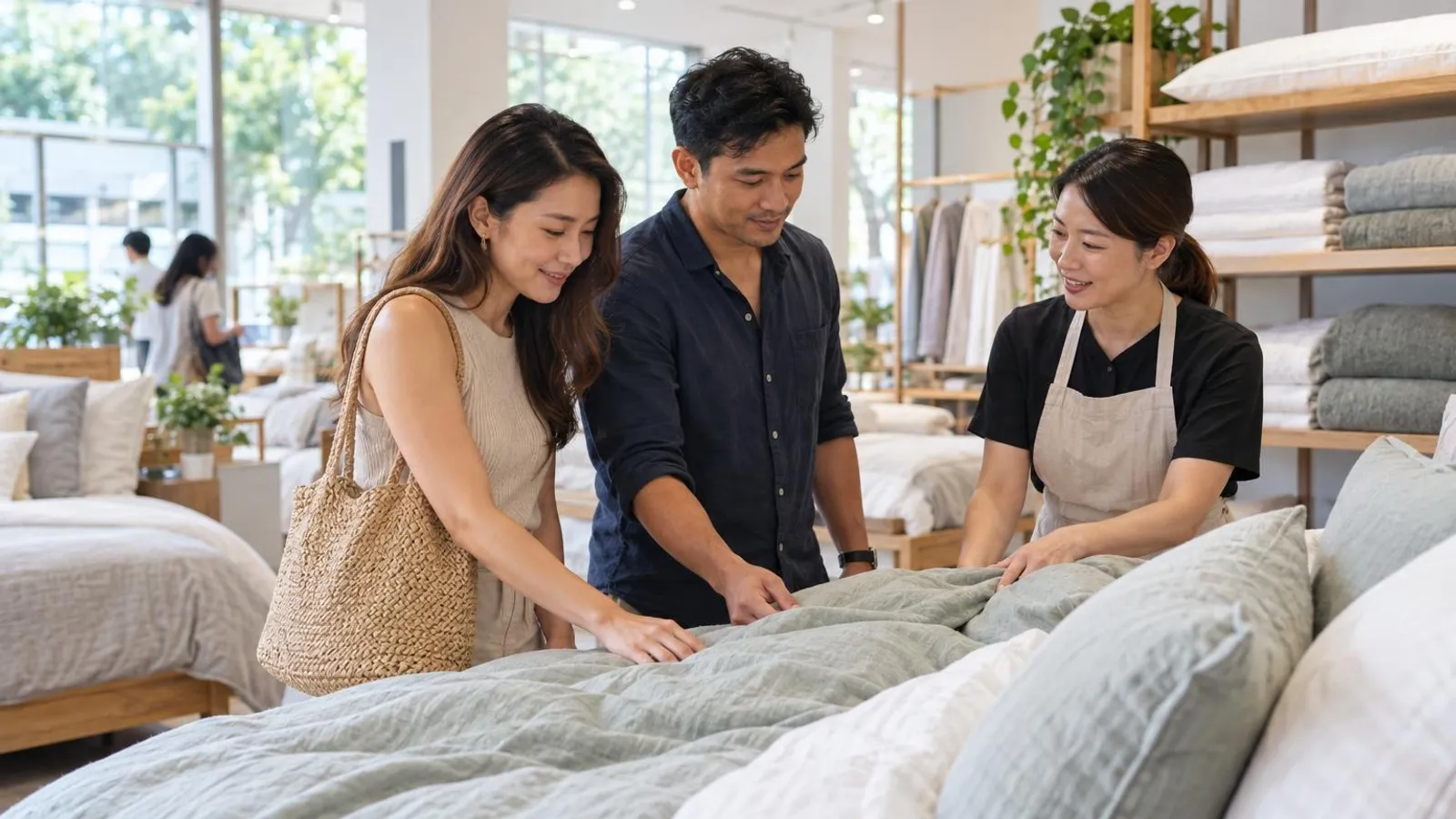 Bedding and Linen Shops: a customer and a provider in a bright, modern setting