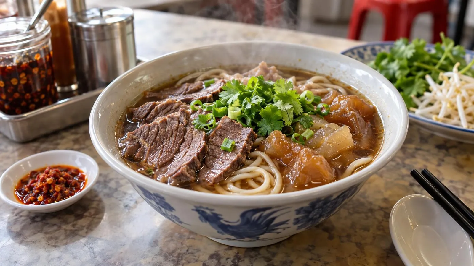 A steaming bowl of beef noodle soup with tender sliced beef, beef tendon and noodles garnished with spring onion and chilli