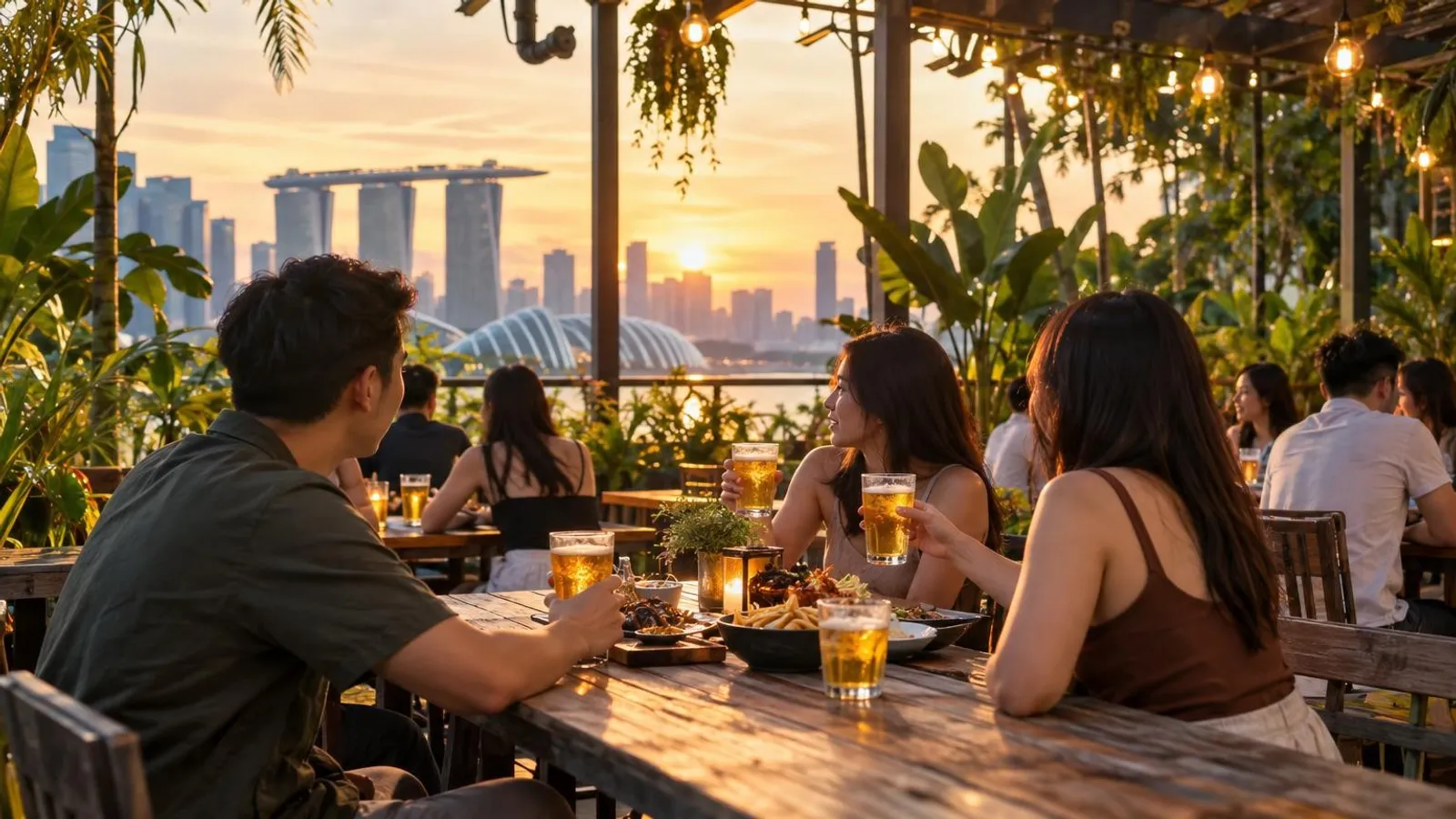 An outdoor al-fresco beer garden at golden hour with long wooden communal tables, glasses of cold beer, warm string lights and lush greenery