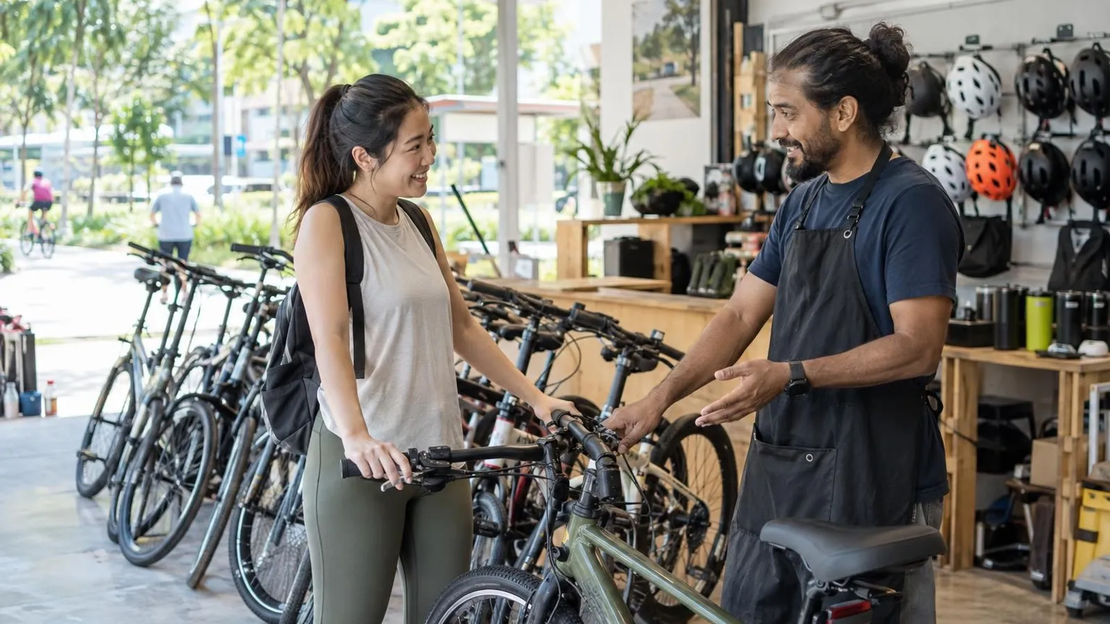 Bicycle Rental Shops: a customer and a provider in a bright, modern setting