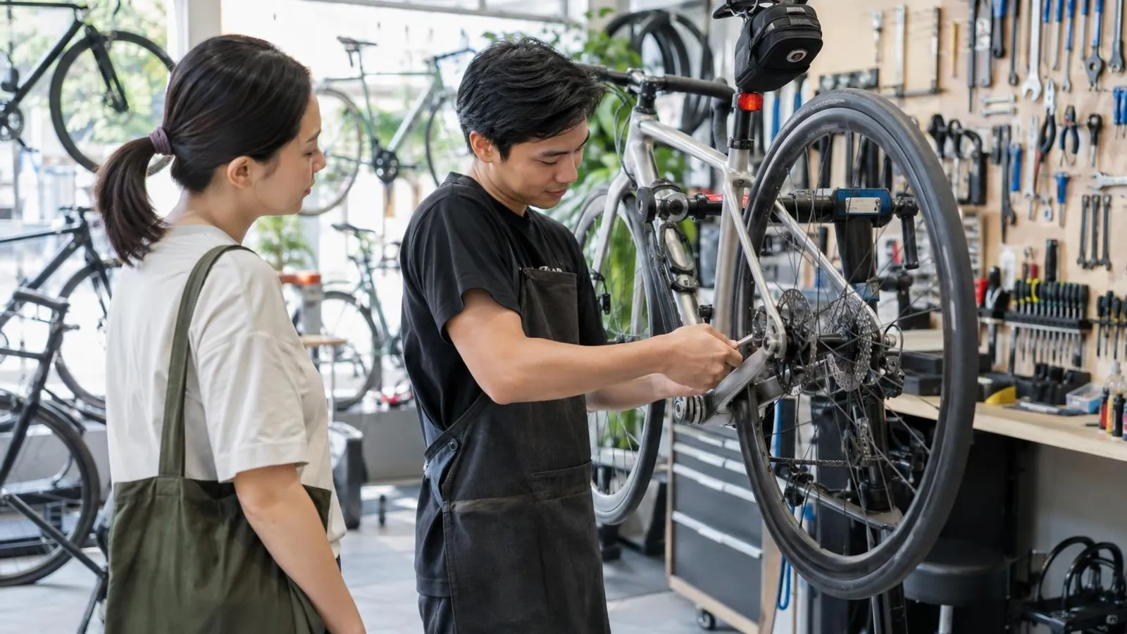 Bicycle Repair and Servicing Shops: a customer and a provider in a bright, modern setting