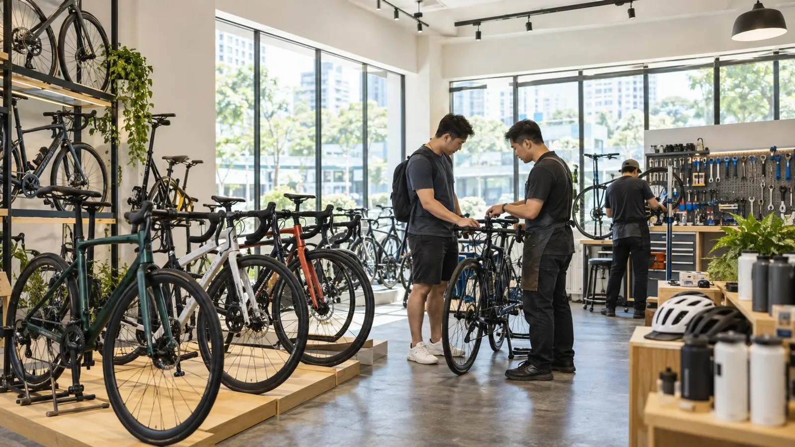 A bright bicycle shop in Singapore with road and city bikes lined up on display