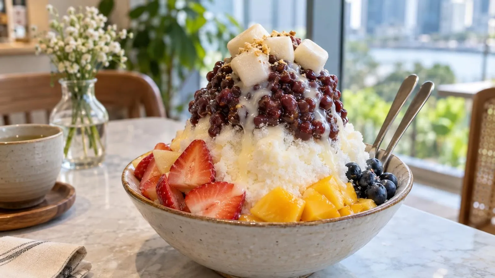 A tall mound of Korean milk-snow bingsu topped with red bean, mochi and fresh fruit with two spoons on a bright cafe table