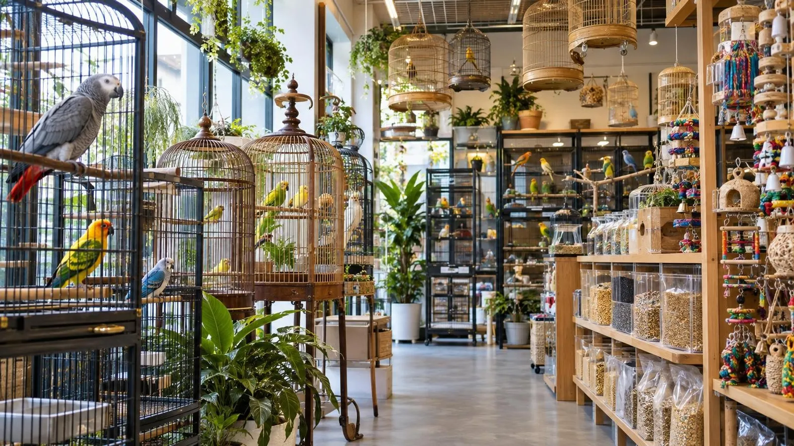 A bright bird shop in Singapore with ornate birdcages, colourful songbirds and bird supplies