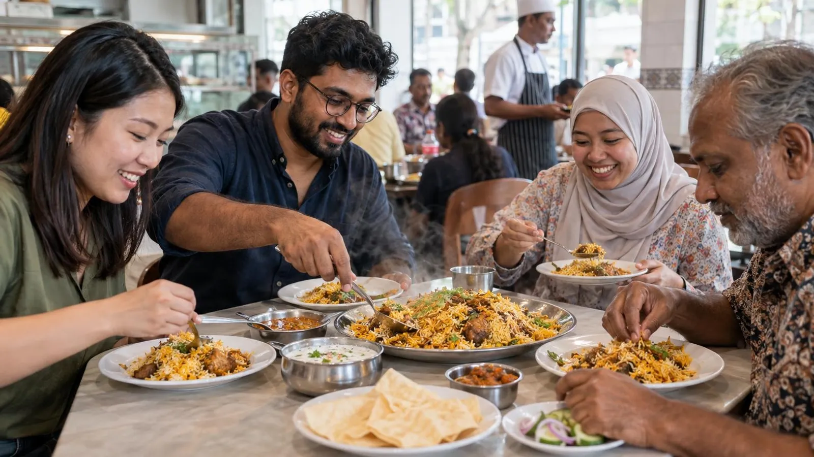 Friends sharing plates of biryani and papadum at a Singapore restaurant