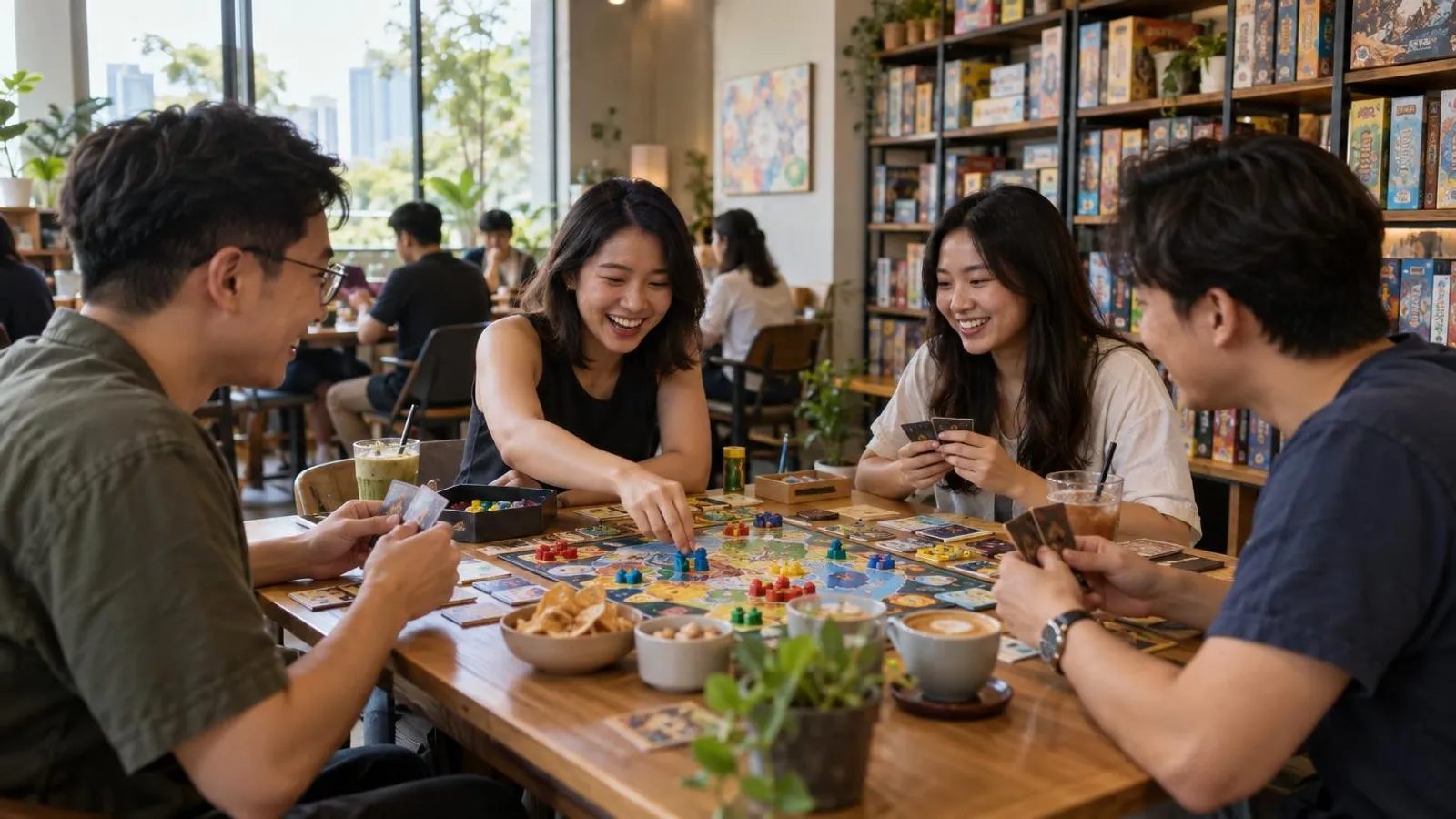 Friends playing a board game at a cosy Singapore board game cafe