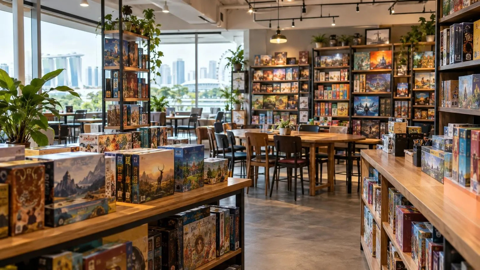A board game shop in Singapore with shelves of colourful boxed tabletop and card games
