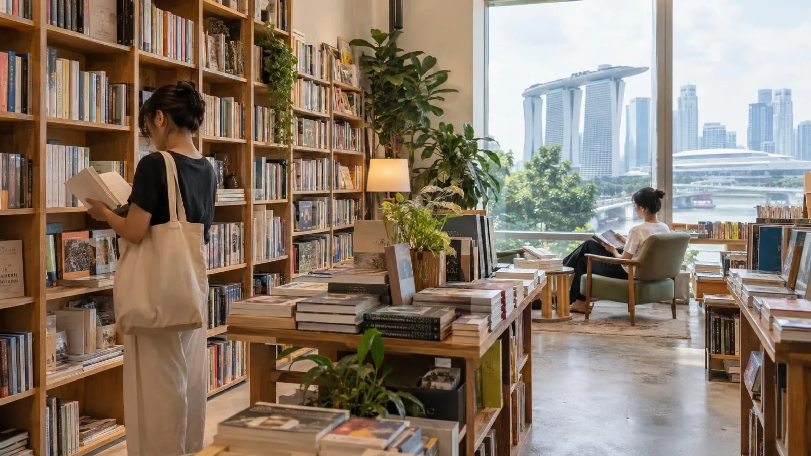 A cosy Singapore bookshop with tall shelves of books and a reading nook