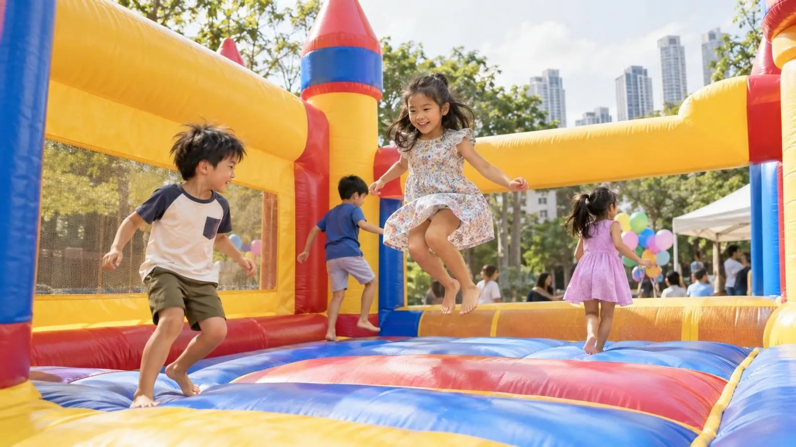 Children playing on a colourful inflatable bouncy castle at a Singapore kids party