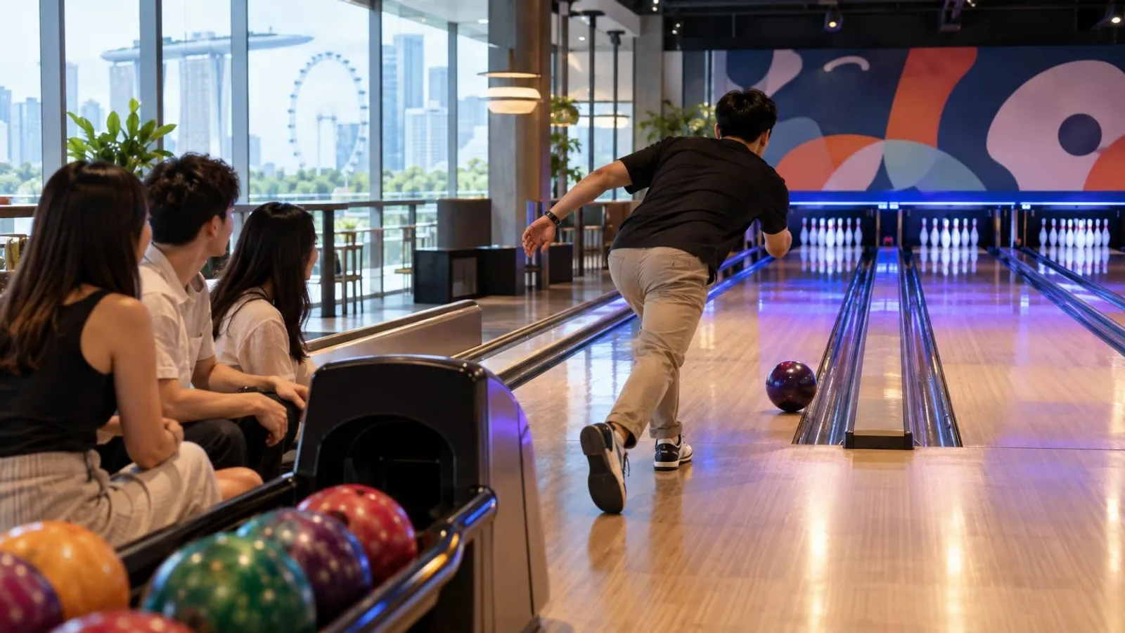 A bowler mid-throw at a modern Singapore bowling alley