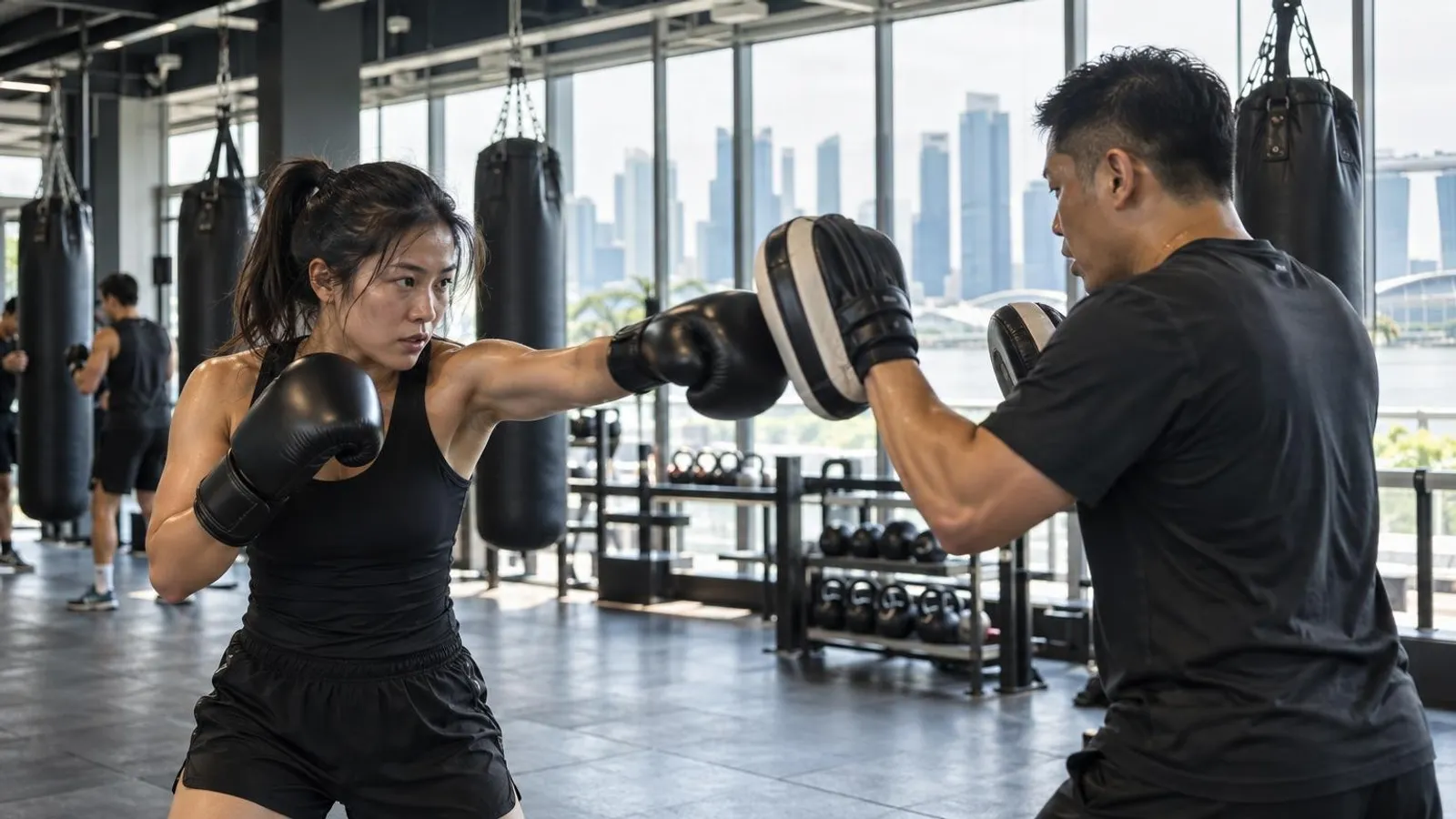 A boxer hitting focus mitts held by a coach in a bright Singapore boxing gym with heavy bags