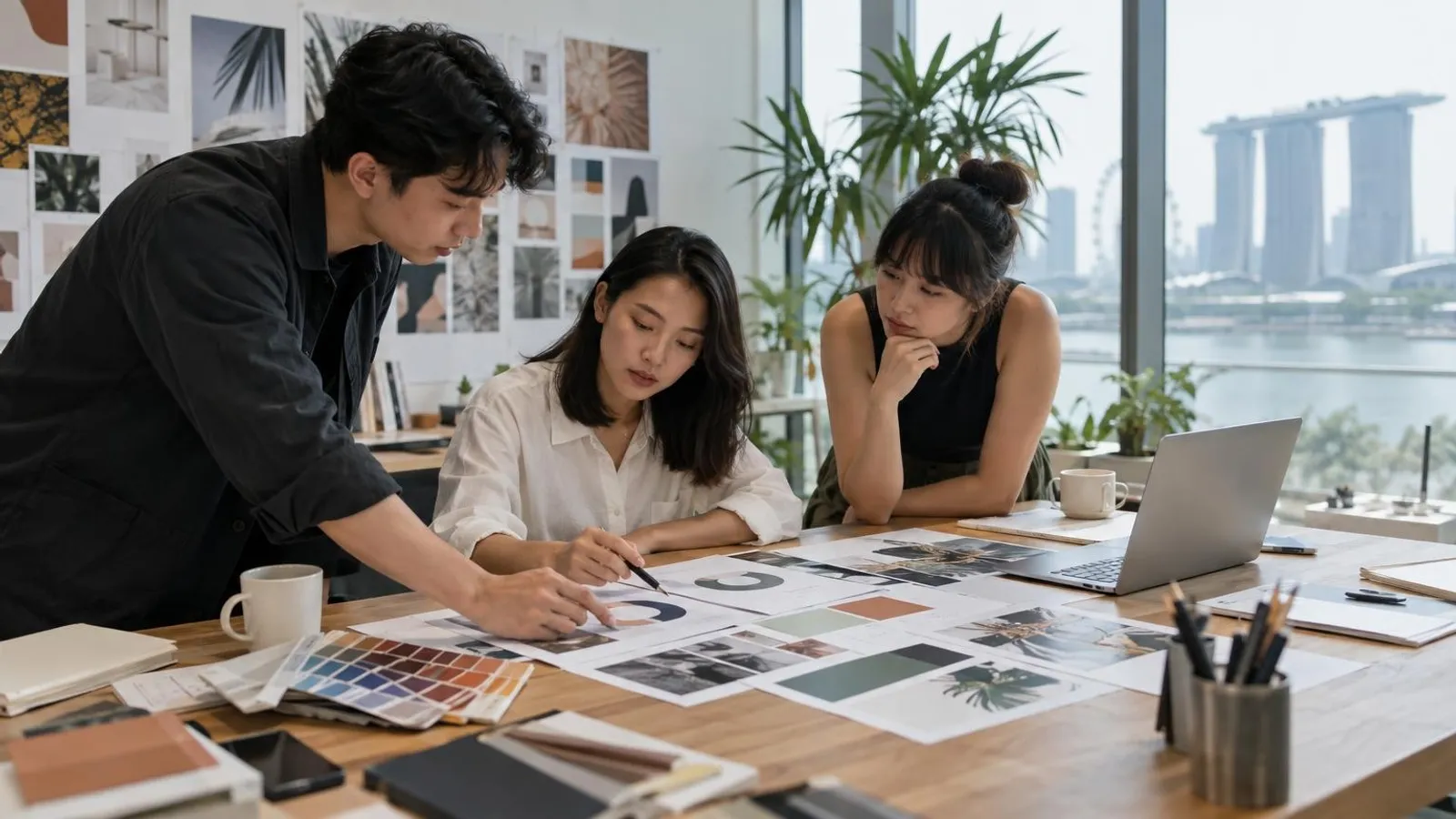 Brand designers reviewing mood boards, colour swatches and logo drafts in a Singapore studio